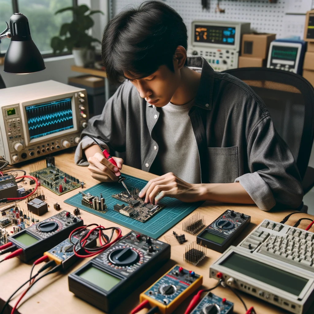 Photo of a male computer engineer of East Asian descent, sitting at a workstation filled with electronic components, soldering a circuit board. On his desk are oscilloscopes, multimeters, and debugging tools.