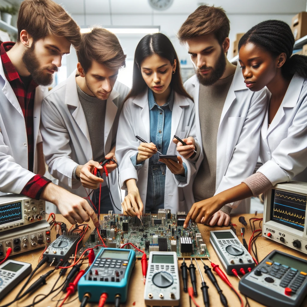 Photo of a diverse group of electrical engineers in a laboratory setting, analyzing a complex circuit board. They are equipped with oscilloscopes, multimeters, and other diagnostic tools, discussing their findings.