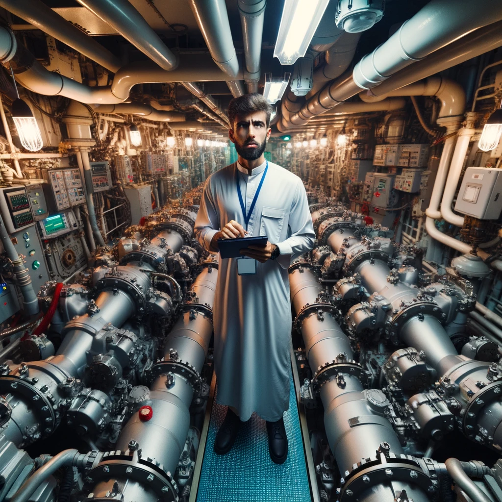 Photo of a male marine engineer of Middle Eastern descent, inside an engine room of a cargo ship, calibrating and checking the machinery. Pipes, valves, and turbines surround him, illuminated by overhead lights.