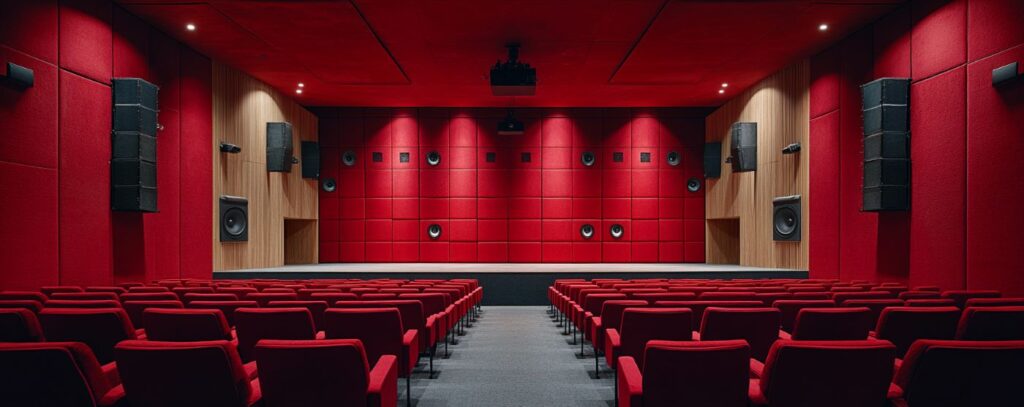 A modern theater with red seats facing a stage and red soundproofed walls, featuring multiple speakers.