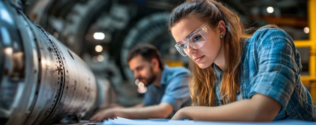 Two engineers in safety glasses work on technical drawings in an industrial setting.