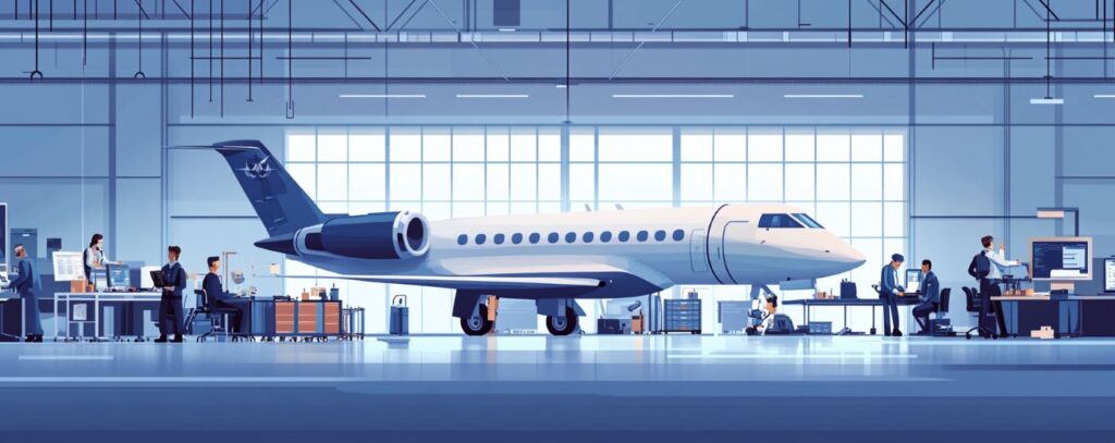 Private jet in a hangar with engineers and technicians working at various stations nearby.