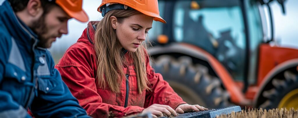 Two construction workers in helmets focusing on a task, with a tractor in the background.