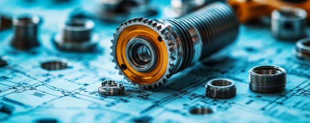 Close-up of mechanical parts on technical blueprints, featuring a threaded cylinder with yellow details.