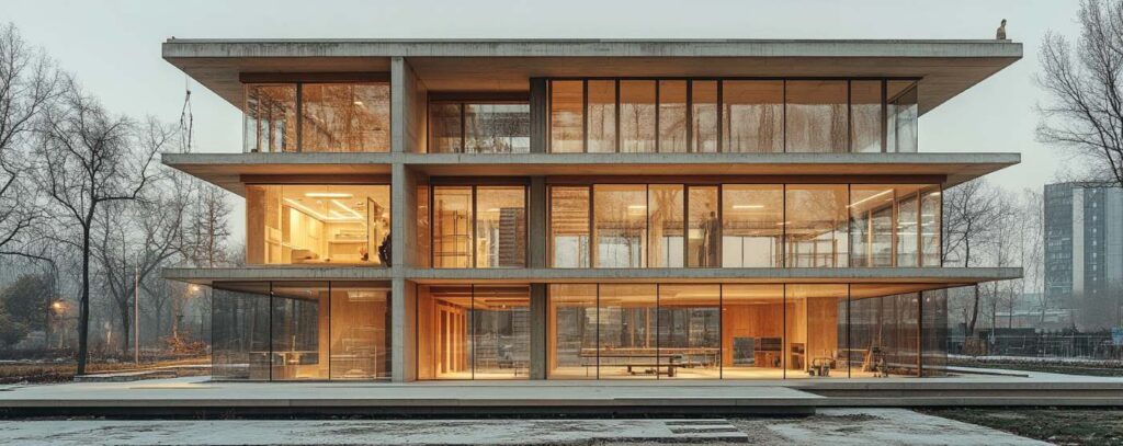 Modern glass and concrete building with illuminated interiors, surrounded by leafless trees and an overcast sky.