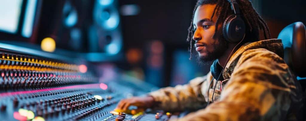 Person with headphones operating a sound mixing board in a studio setting.