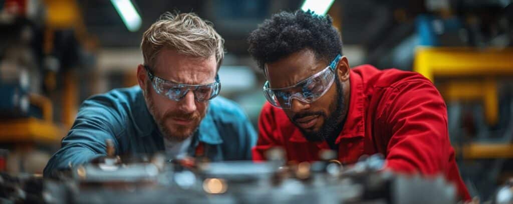 Two men wearing safety goggles work intently on machinery in a workshop.