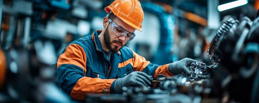 A worker in an orange helmet and gloves inspects machinery in an industrial setting.