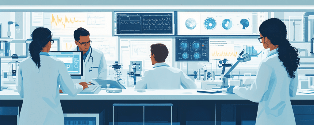 Scientists in a lab analyzing data on screens, surrounded by medical equipment and charts.