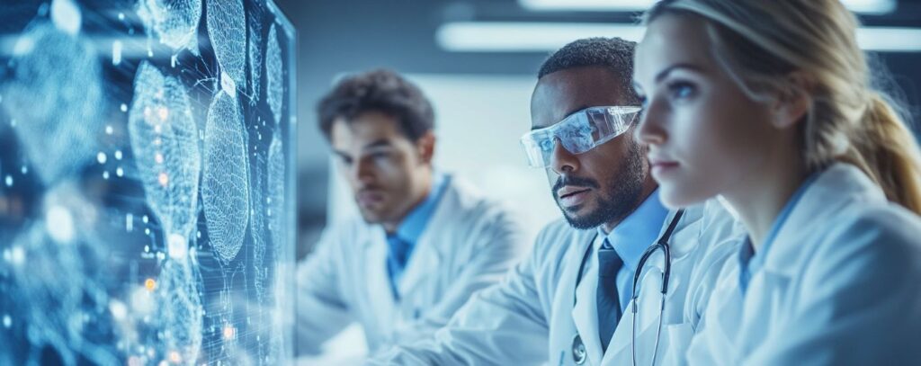 Scientists in lab coats focus on a digital display with futuristic data visualizations.