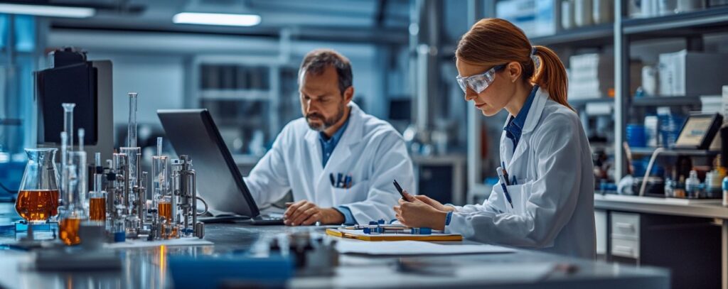 Two scientists in a lab, one working on a laptop, the other writing notes, with glassware and equipment around.