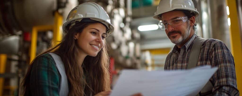 Two engineers in hard hats reviewing blueprints at an industrial site, smiling and discussing the project.