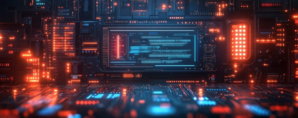 Futuristic digital circuit board with glowing red and blue lights, featuring central screen displaying data.