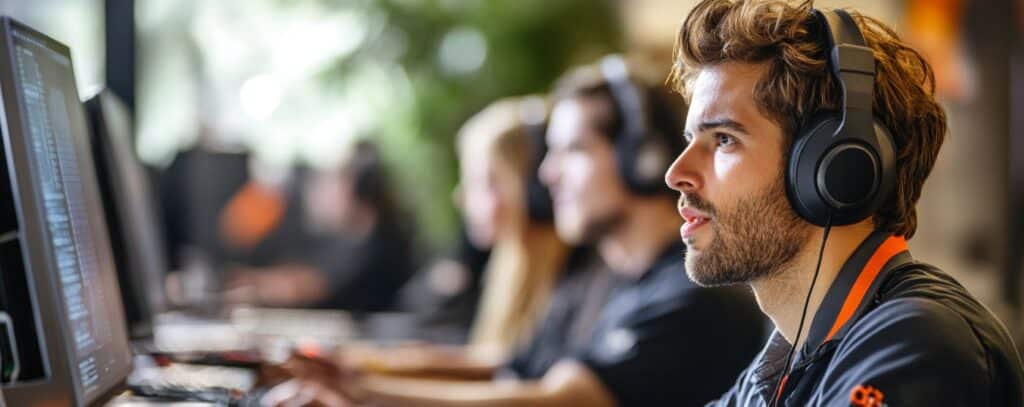 Man wearing headphones focused on a computer screen, with others blurred in the background.