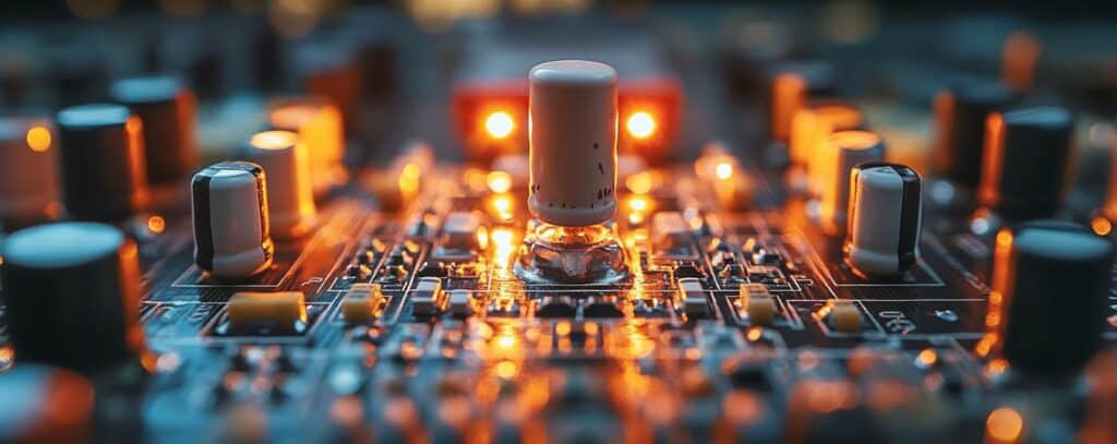 Close-up of a glowing circuit board with capacitors and LEDs.