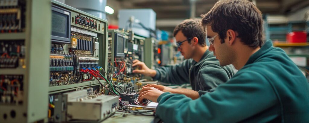 Two people working on electrical equipment in a lab, focusing on circuit boards and wiring.