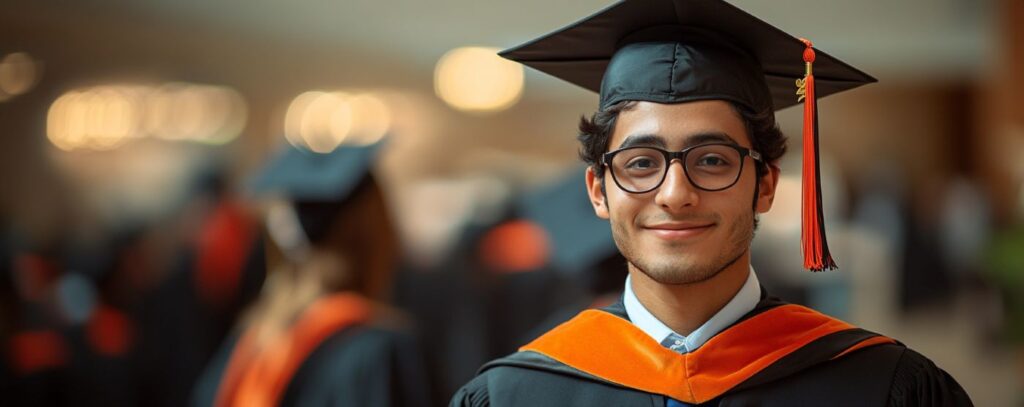 Graduate in cap and gown with orange tassel and stole, smiling at the camera. Blurred graduates in the background.