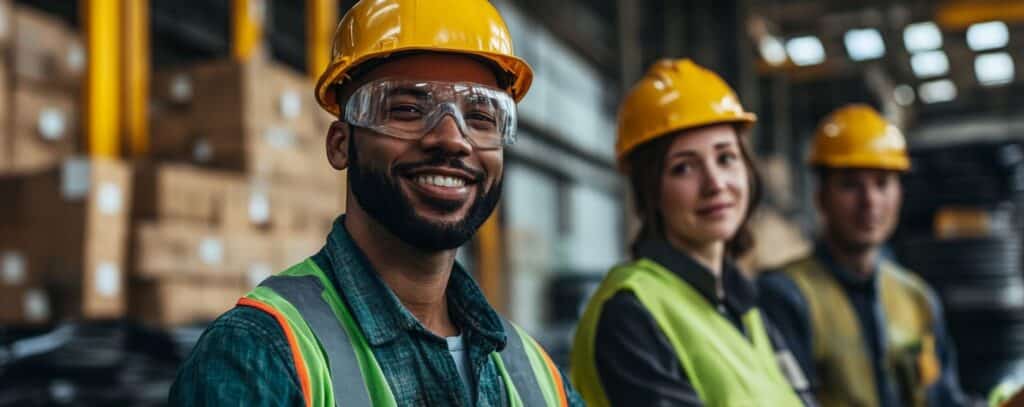 A group of warehouse workers wearing hard hats and safety vests smiling for the camera.