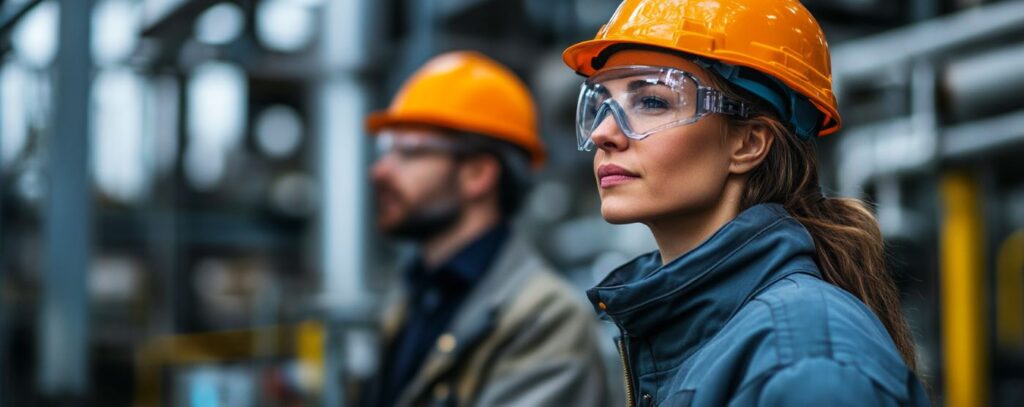 Two industrial workers in safety gear, including hard hats and goggles, stand in a factory setting.