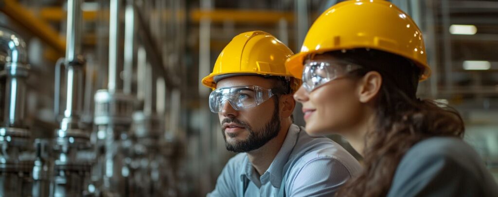 Two workers wearing yellow hard hats and safety goggles observe industrial equipment in a factory setting.