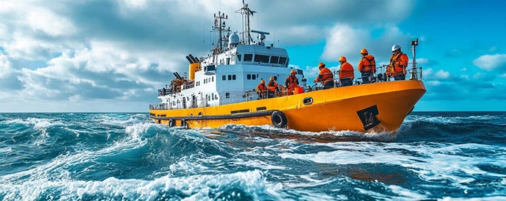 A large yellow ship with crew members in orange gear sails through a choppy sea under a partly cloudy sky.