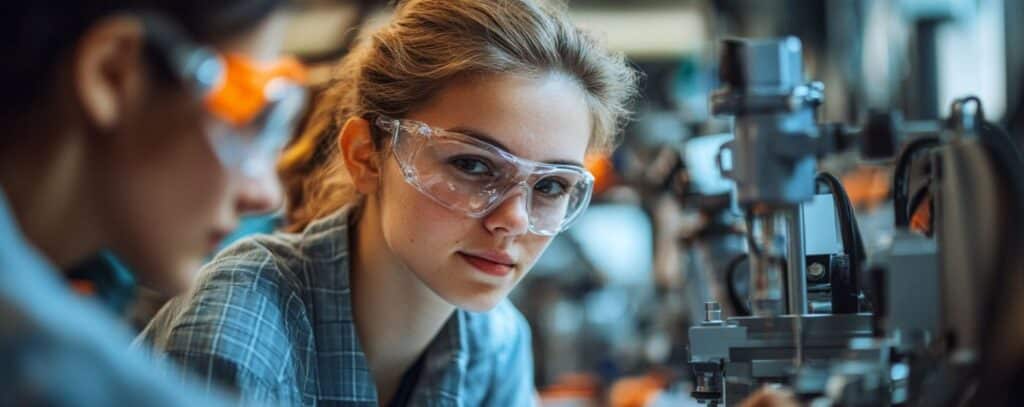 Young woman wearing safety goggles working in a laboratory with scientific equipment.