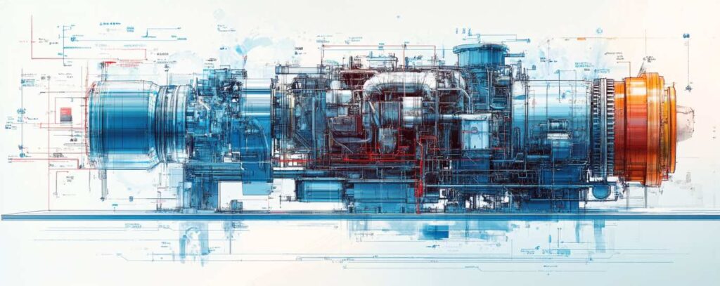 Detailed schematic illustration of a complex industrial machine with blue and orange components.