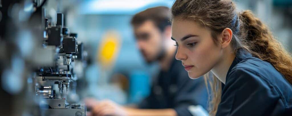 A focused woman working on machinery in a workshop, with a man in the background.