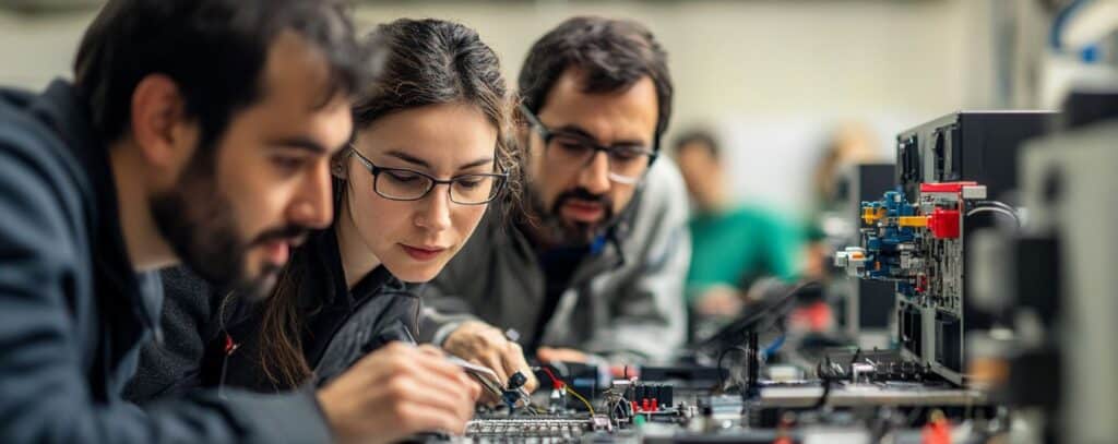 Three people focus on electronic equipment, closely examining components in a workshop setting.