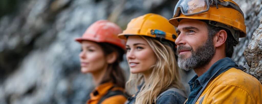 Three construction workers wearing helmets stand outdoors, looking in the same direction with a rocky background.