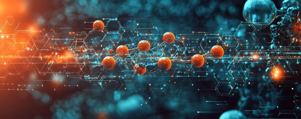 Abstract digital image of interconnected red spheres and hexagonal patterns on a dark blue and orange background.