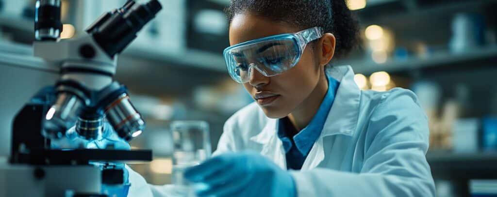 Scientist wearing safety goggles examines a sample with a microscope in a laboratory setting.