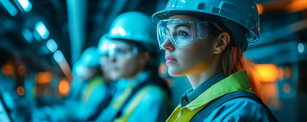 Close-up of focused workers in safety gear and helmets, working in an industrial setting with blue lighting.