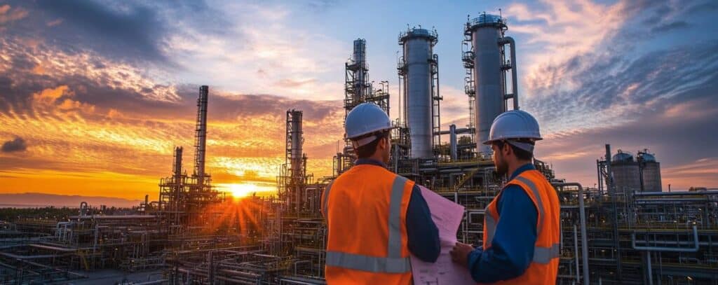 Two workers in safety gear at an industrial plant during sunset, holding plans and observing equipment.