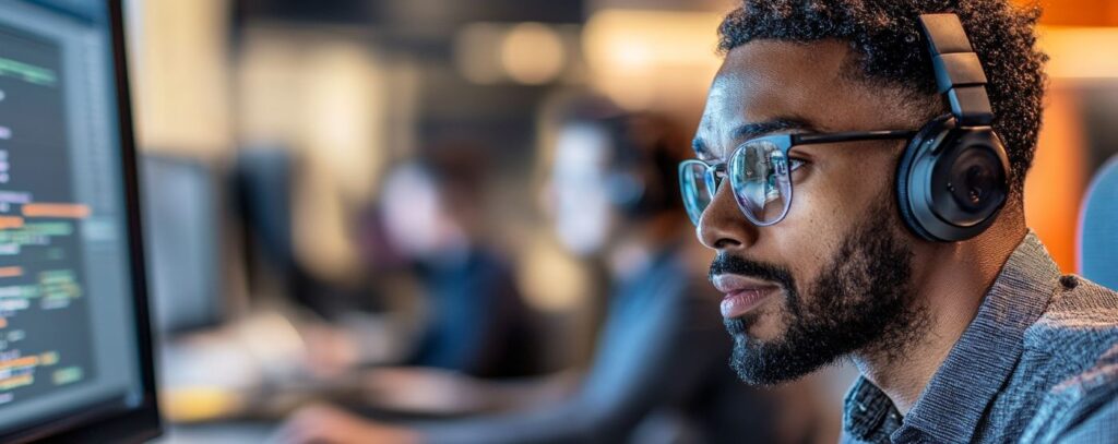 Person wearing headphones, focused on computer screen in office setting with blurred background.