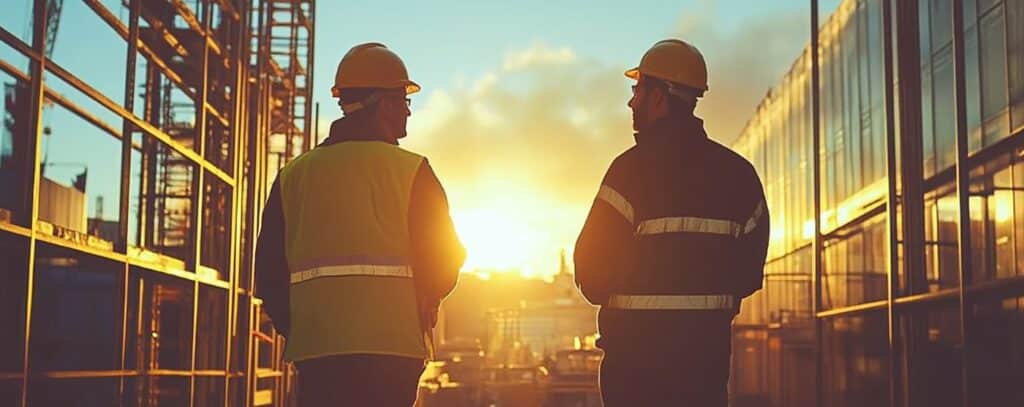 Two construction workers in safety gear talk at a site during sunset, surrounded by buildings and scaffolding.