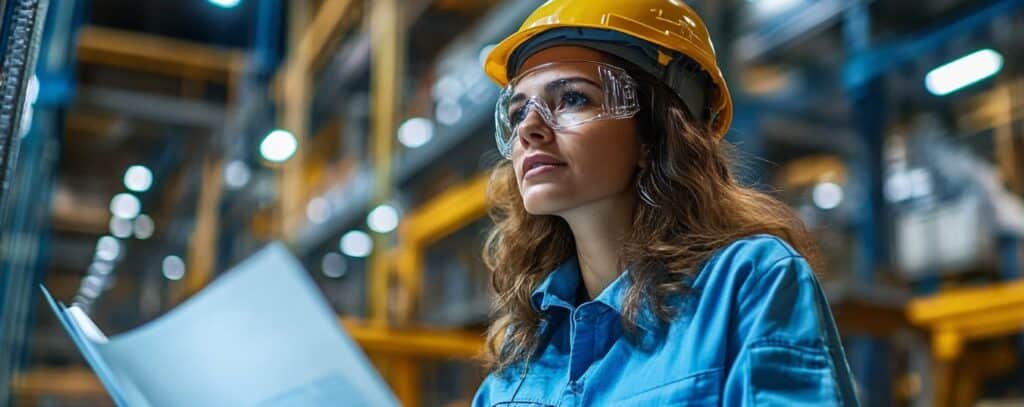 A woman wearing a hard hat and safety goggles looks upward, holding a blueprint in an industrial setting.