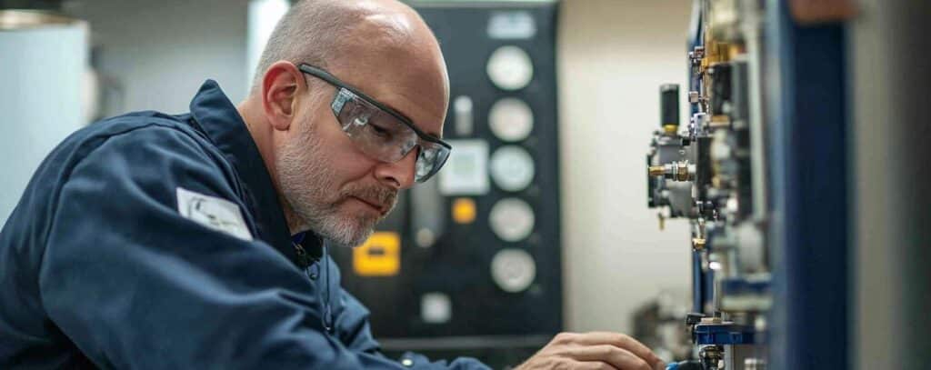 Man with safety glasses operates industrial machinery in a workshop.