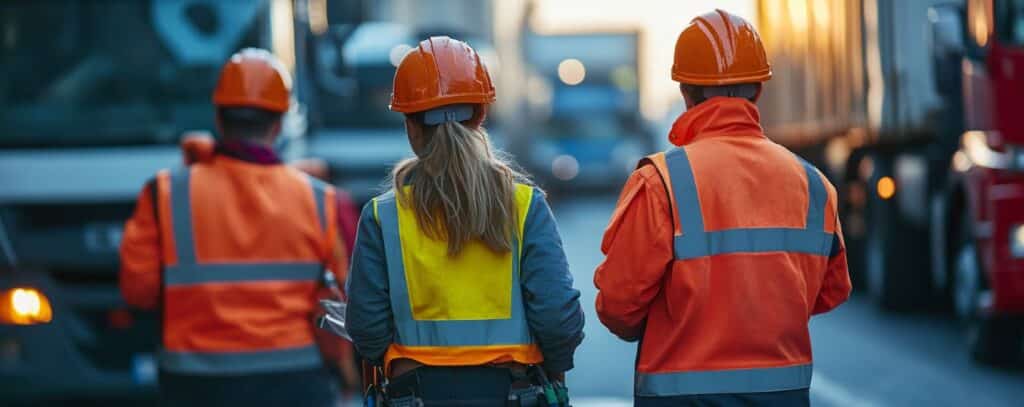 Three construction workers in orange safety gear and helmets stand near trucks on a busy road.