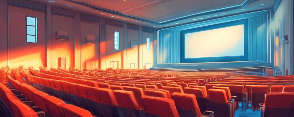 Empty cinema hall with rows of red seats and a large screen, illuminated by warm sunlight through tall windows.