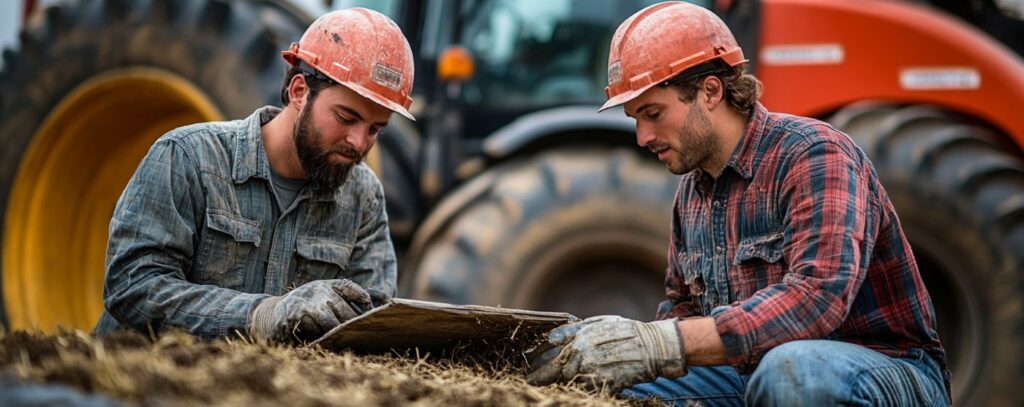 Two workers in helmets examining plans at a construction site, with machinery in the background.