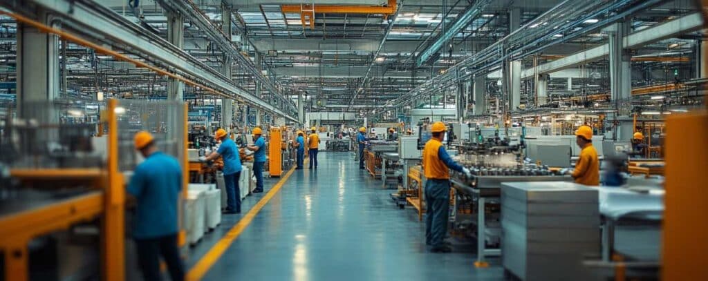 A modern factory with workers wearing blue jackets and yellow helmets operating machinery in a spacious, well-lit environment.