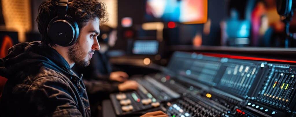 Man wearing headphones working at a large sound mixing console in a dimly lit studio.