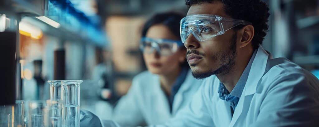 Two scientists in a lab wearing safety goggles and white lab coats, focused on a project.