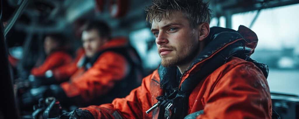 A focused man in an orange jacket is seated on a boat in rough weather, with two others blurred in the background.