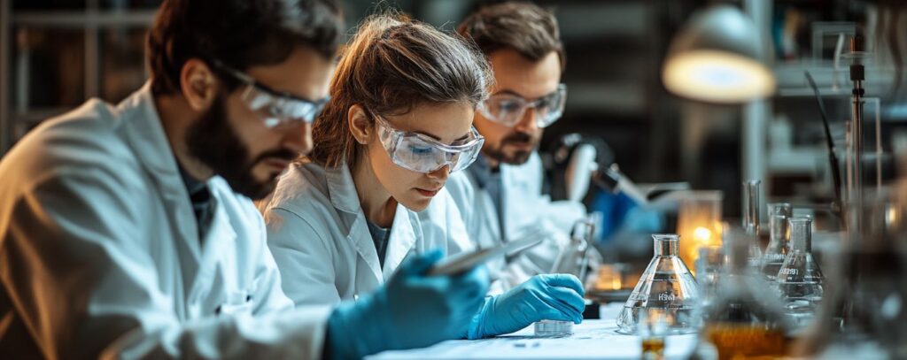 Scientists in a lab wearing safety goggles and lab coats, conducting experiments with beakers and lab equipment.