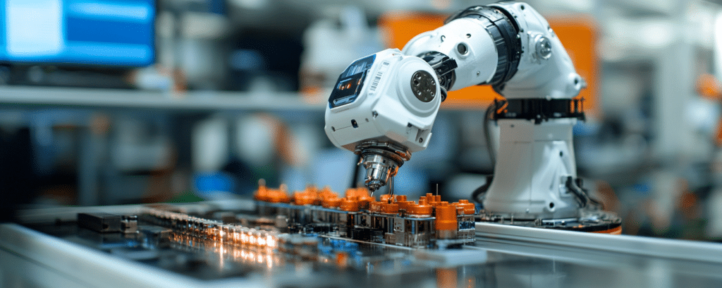 A robotic arm assembling electronic components in a factory setting.