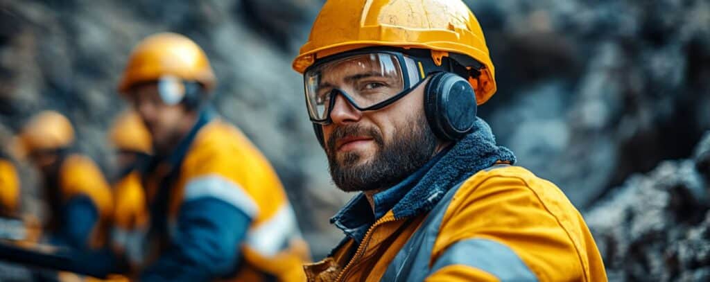 Workers in safety gear and helmets at a construction site, with one facing the camera.