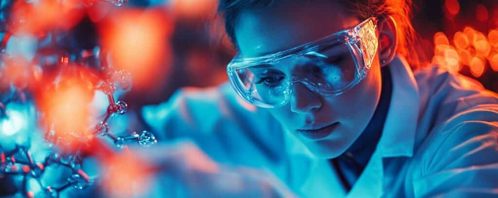 Scientist wearing safety goggles examines a molecular model under blue and red lighting.