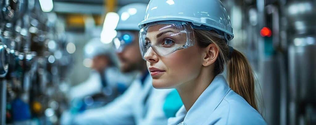 A woman in safety gear and a hard hat works in an industrial setting, focused and attentive.